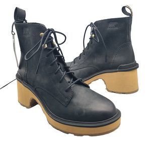 Sorel Hi-line Ankle Boots Combat Heel Platform Lace Up black  size 9 New